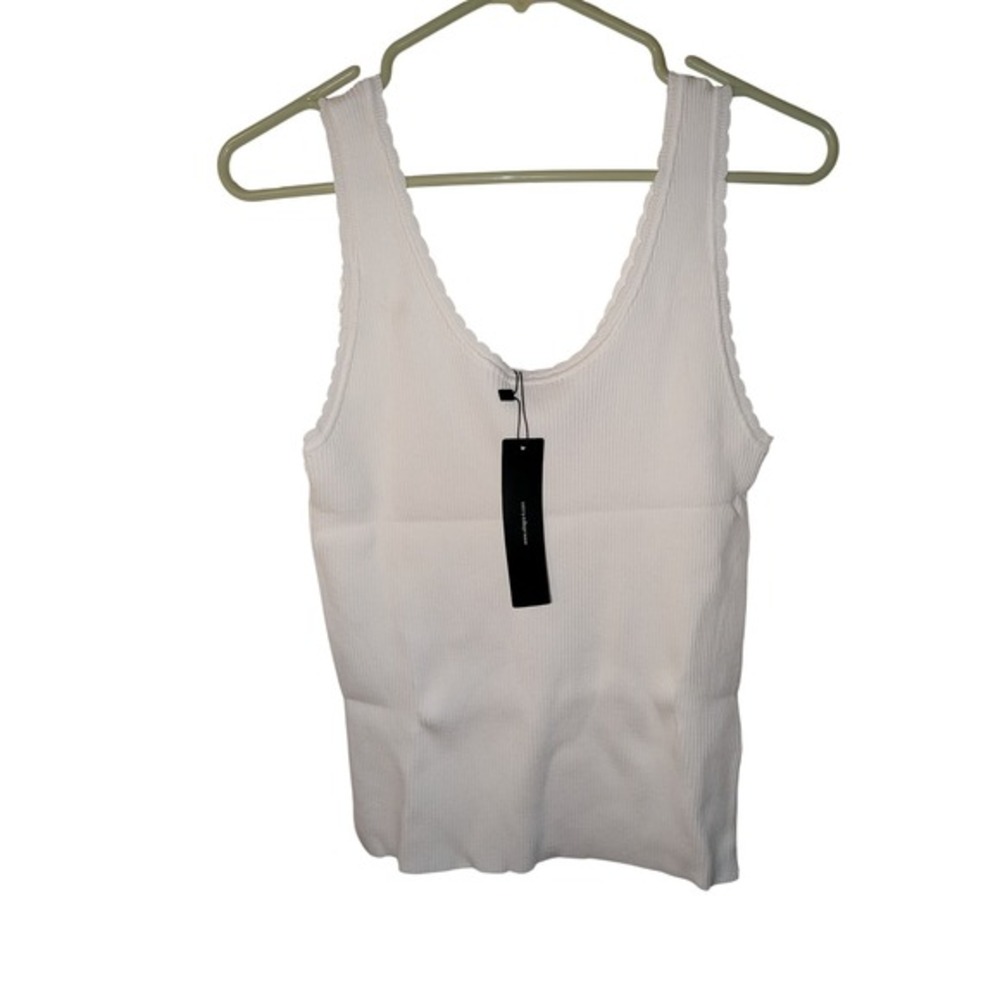 Allegra K Womens White Ribbed Knit Tank Top Scallop Trim Scoop Neck Sleeveless